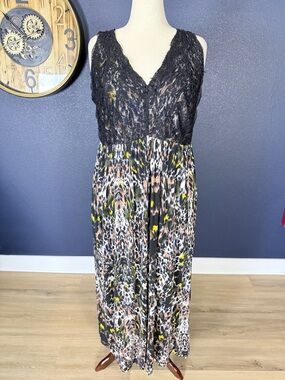 Ulla Popken Black Lace Bodice Multicolor Animal-Print Maxi Dress | Size 24/26